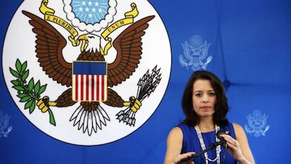 Kelly Keiderling during a news conference in Caracas.