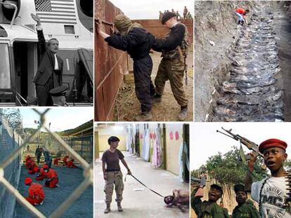 El 'caso Watergate', la represión en Chechenia, las fosas descubiertas en Bosnia, la prisión de Guantánamo, los abusos en la cárcel iraquí de Abu Ghraib o los niños soldados en muchos países africanos (de izquierda a derecha y de arriba a abajo) son algunos de los temas que las investigaciones periodísticas han desvelado en los últimos años.