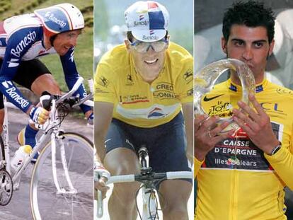 Los tres que ganaron siete Tours dirigidos por Echávarri y Unzue: Perico (1988), Indurain (1991-1995) y Pereiro (2006), de izquierda a derecha.
