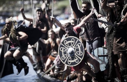 A historical reenactment of the Viking landing at Catoira, Pontevedra, in the 10th century.