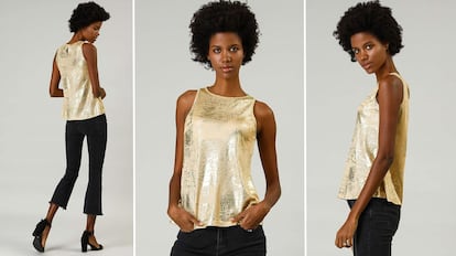 Camiseta de tirantes dorada y metálica, efecto brillante, para mujer, fácil de combinar con todo tipo de looks.