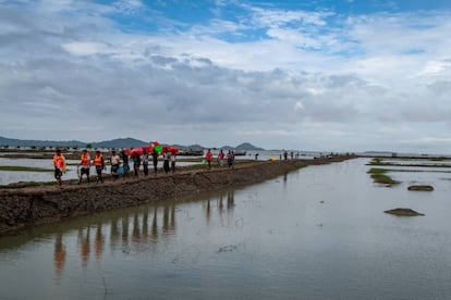 El equipo médico de MSF entra en el campamento de Ah Nauk Ye para establecer su clínica móvil. Este campamento alberga a casi 5,000 personas. Está superpoblado y es propenso a las inundaciones durante la temporada de lluvias.