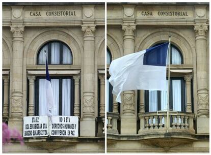 Combo de fotografías que muestra la fachada de la casa consistorial donostiarra antes (i) y después (d) de retirar la pancarta.