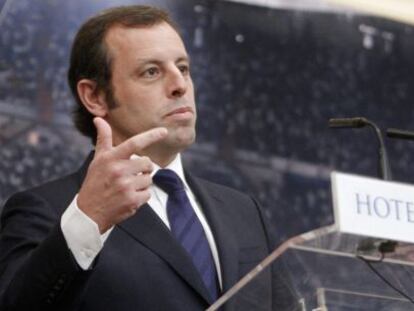 El presidente del Barcelona, Sandro Rosell, en una rueda de prensa en Madrid antes del clásico.