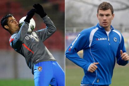 Cristiano Ronaldo y Dzeko, entrenándose ayer con las selecciones de Portugal y de Bosnia.