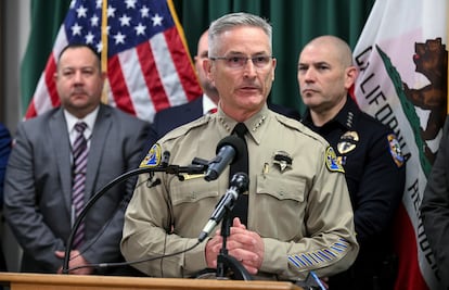 Tulare County Sheriff Mike Boudreaux announces the arrests of two suspects in the Jan. 16 homicide of six people in Goshen, Calif., during a news conference in Visalia, Calif., Friday, Feb. 3, 2023.