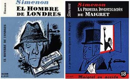 Dos de las portadas diseñadas por Ricard Giralt Miracle para ilustrar las novelas de Simenon de Editorial Aymà.