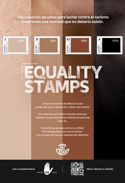 Estas son los cuatro sellos de la colección 'Equality Stamps'. Su precio, desde 0,70 euros hasta 1,60 euros según el color, simboliza un valor distinto según el color de la piel que representan.