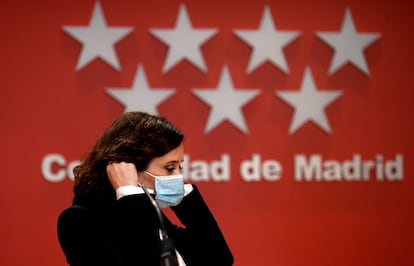 La presidenta de Madrid, Isabel Díaz Ayuso, en su comparecencia tras el Consejo de Gobierno del miércoles.