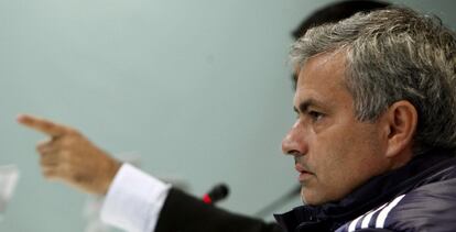 Mourinho, durante la rueda de prensa en Valdebebas.