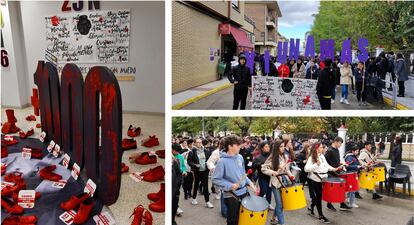 Día contra la violencia de género. Como cada año, el IES Marqués de Villena se une a esta celebración. En el curso 2022-23 leyeron un manifiesto, montaron una exposición de "zapatos rojos" y marcharon por las calles de la localidad a ritmo de batucada.