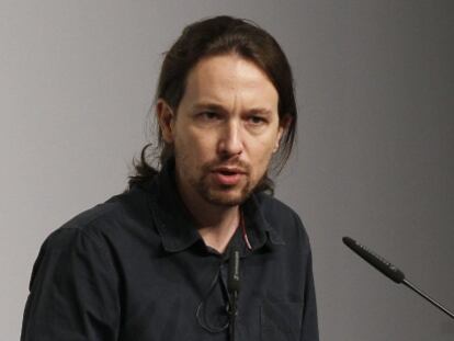 El l&iacute;der de Podemos, Pablo Iglesias, durante su intervenci&oacute;n en el foro informativo organizado por el diario &#039;El Mundo&#039;.