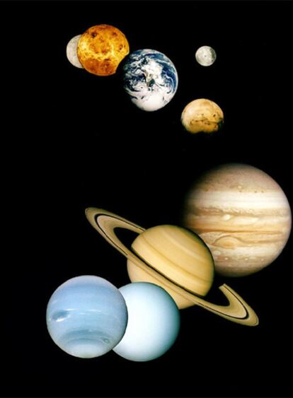 Los planetas Mercurio, Venus, la Tierra (a su derecha su satélite, la Luna), Marte, Júpiter, Saturno, Urano y Neptuno, en una composición de fotos tomadas por ondas espaciales.