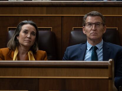 El líder del PP, Alberto Núñez Feijóo (d), junto a la secretaria general del partido, Cuca Gamarra.