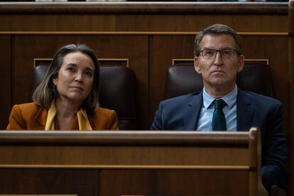 El líder del PP, Alberto Núñez Feijóo (d), junto a la secretaria general del partido, Cuca Gamarra.