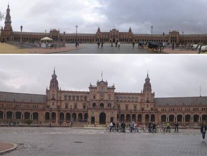 Abajo, imagen de la Plaza de España de Sevilla tomada por un turista y, arriba, panorámica tomada por un fotógrafo con el mismo móvil.