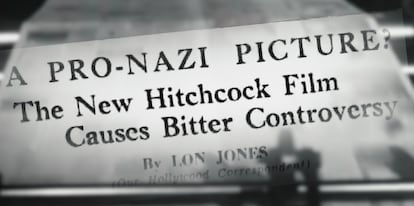 Una imagen del documental 'Le film pro-nazi d'Hitchcock', que muestra un titular de 1944 en la prensa australiana que evocaba esta polémica.