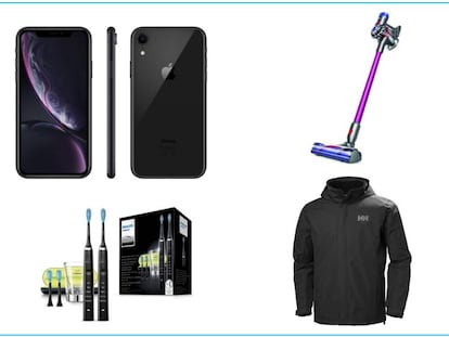 A la izquierda, arriba, iPhone XR 64G y, debajo, pack de cepillos Philips Sonicare. A la derecha, arriba, aspirador de escoba Dyson V7 y, debajo, chaqueta Helly Hansen.