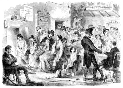 Un grupo de personas celebra la Víspera de Todos los Santos (Allhallow-Eve) en Kilkenny (Irlanda), en una ilustración de 1858.