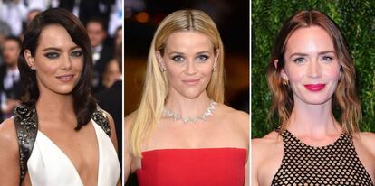 De izquierda a derecha, las actrices Emily Blunt, Emma Stone, Reese Witherspoon. 