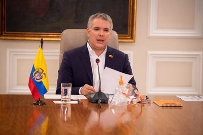 Iván Duque, presidente de Colombia, durante una comparecencia.