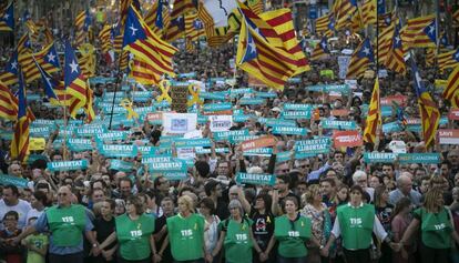 Imagen de la manifestación para exigir la libertad de Jordi Cuixart y de Jordi Sánchez.