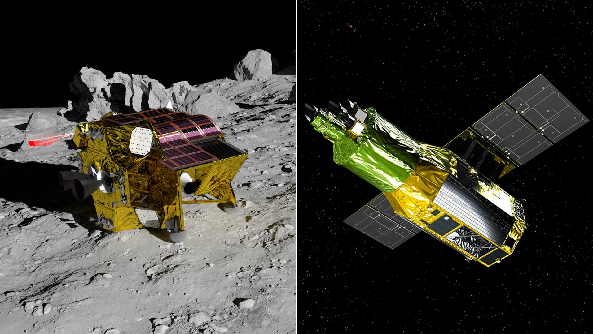 Ilustraciones de la sonda SLIM en la Luna y del telescopio espacial XRISM proporcionadas por la agencia espacial japonesa.