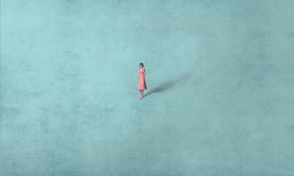 Woman alone in blue