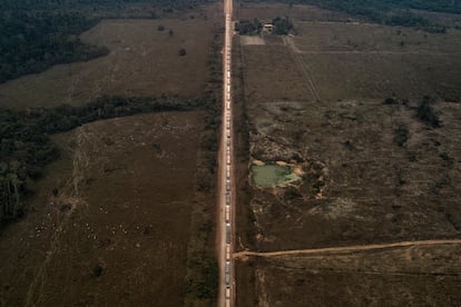 A line of trucks waiting to unload soy at the port of Miritituba, in the city of Itaituba in northern Pará state. The city is the main hub for shipping soy from the Amazon.