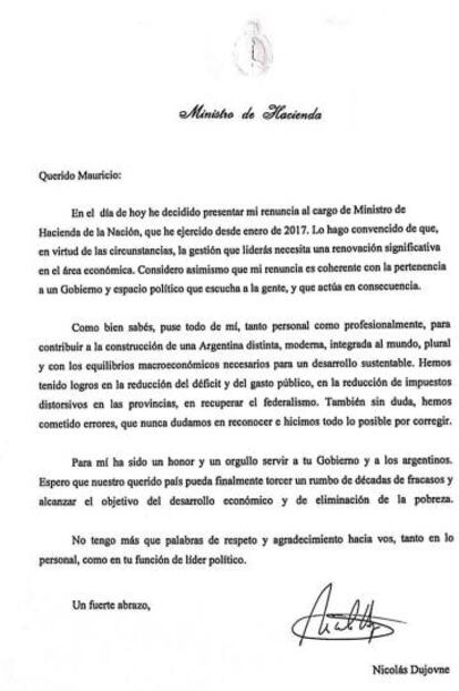 El comunicado del ministro Dujovne en el que anuncia su renuncia al frente del Ministerio de Hacienda.