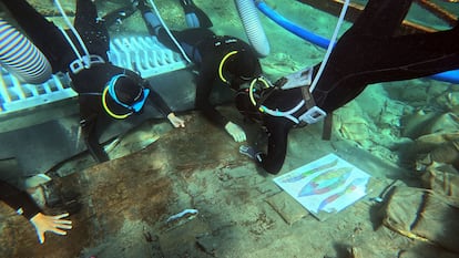 Extracción del mar del barco de época fenicia hundido en Mazarrón. Foto de la Universidad de Valencia.