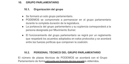 Fragmento del documento de acuerdo entre Podemos y Sumar para concurrir bajo una marca conjunta a las elecciones generales del 23-J.