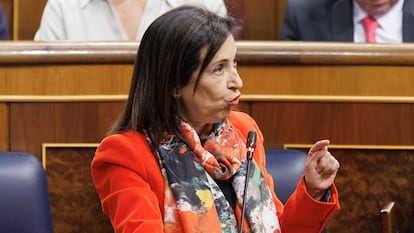 La ministra de Defensa, Margarita Robles, interviene durante una sesión de control al Gobierno, en el Congreso de los Diputados.