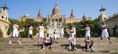 La seleccion olimpica de baloncesto de Estados Unidos, en el Palau Nacional de Montjuïc.