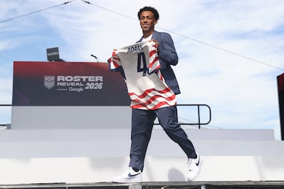 Tyler Adams en el escenario en el evento para presentar a la plantilla este martes en Nueva York.
