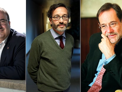 De izquierda a derecha, Miquel Iceta, actual ministro de Cultura; José María Lassalle, secretario de Estado de Cultura con Mariano Rajoy; y Javier Solana, ministro de Cultura en el Gobierno de Felipe González.