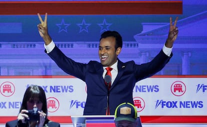 Republican presidential candidate Vivek Ramaswamy gestures at the first Republican candidates' debate of the 2024 U.S. presidential campaign in Milwaukee, Wisconsin, on August 23, 2023.