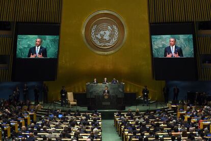 El president dels EUA, Barack Obama, intervé davant el plenari de l'Assemblea General de les Nacions Unides, a Nova York (EUA), el 28 de setembre de 2015.