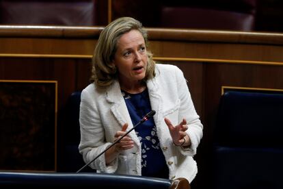 Nadia Calviño durante el debate este miércoles en el Congreso de la quinta prórroga del estado de alarma.