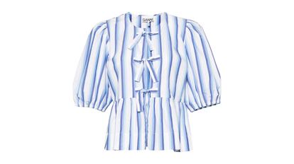 Blusa con lazos, mangas abullonadas y un diseño de rayas para mujer de Ganni