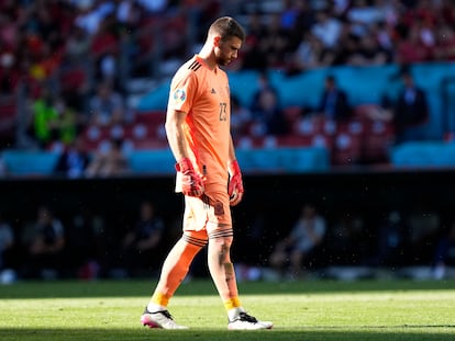 Unai Simón tras el fallo ante Croacia en el partido de este lunes.