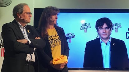 Acto de JxCat este domingo con el president Quim Torra y Laura Borràs, en el que el 'expresident' Carles Puigdemont ha participado por videoconferencia.