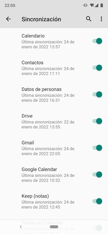 Ejemplo de datos que pueden sincronizarse con la nube en un modelo de Xiaomi.