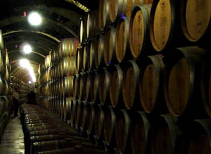 Túnel de barricas bordelesas de la bodega Protos de Peñafiel (Valladolid).