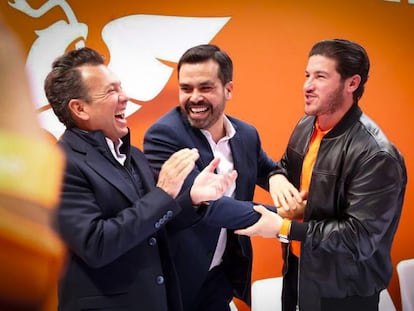 Pablo Lemus Navarro, Jorge Álvarez Máynez y Samuel García  en Guadalajara, Jalisco, el 27 de enero de 2024.