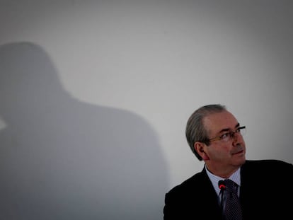 Eduardo Cunha durante coletiva em hotel de Bras&iacute;lia.