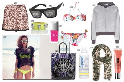 129. Sonia by Sonia Rykiel Shorts con print de leopardo. 130. Topshop Gafas de sol con letras en los cristales. 131. Stradivarius Bikini con print de flores. 132. T by Alexander Wang Sudadera con capucha. 133. Malababa Anillo de cuero con calaveras. 134. Dior Laca de uñas “Vernis - Bird of Paradise”. 135. Stradivarius. 136. Just Cavalli Tote estampado. 137. Doctor T's Supergoop!® Crema solar SPF 50. 138. Mango Foulard con print de camuflaje. 139. Clinique Gloss “Superbalm”.