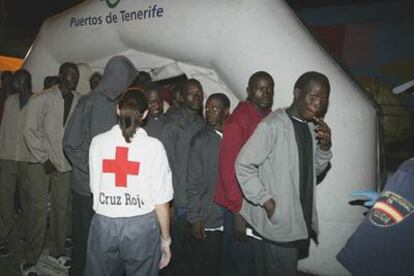 Un miembro de la Cruz Roja observa el traslado a la comisaría de los 79 inmigrantes ilegales que han llegado esta noche al puerto de Los Cristianos.