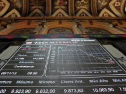 Vista del panel de la Bolsa de Madrid que refleja la evoluci&oacute;n del IBEX