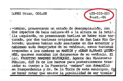 Entre las fichas entregadas por el CNI al MEH se hace referencia al expediente 025-033-057, investigación sobre el asesinato de periodista Odilón López Urías, aún en posesión del CNI.